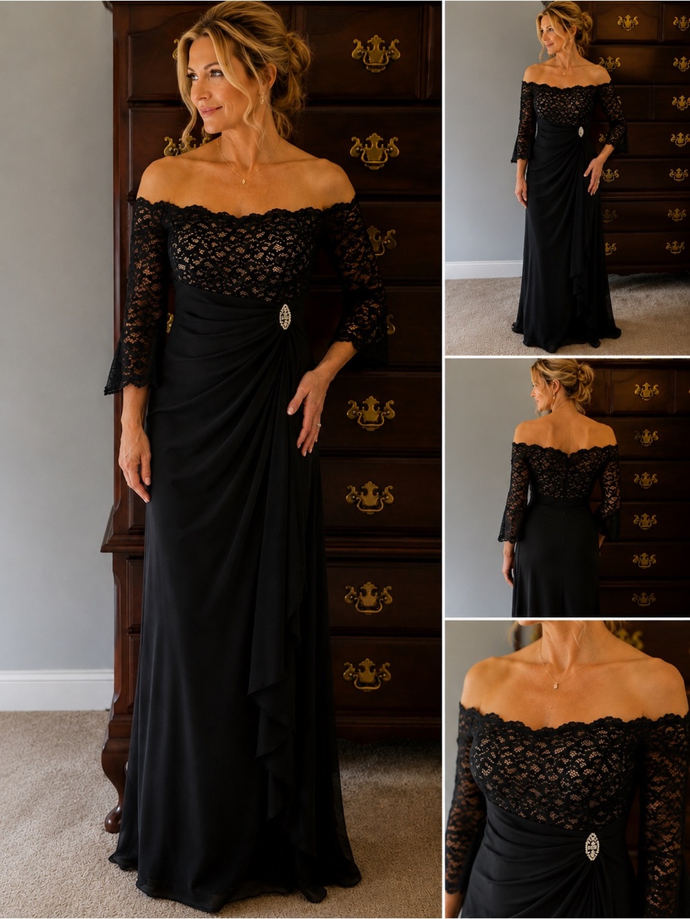 Adam Black Lace-Top Maxi Dress with Brooch Accent